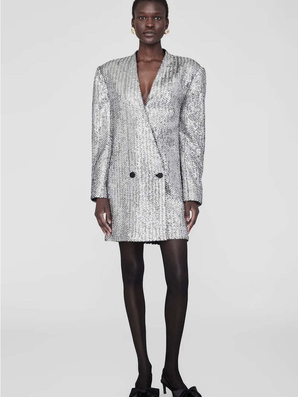Anine Bing Silver Sequin Double-Breasted Blazer - S